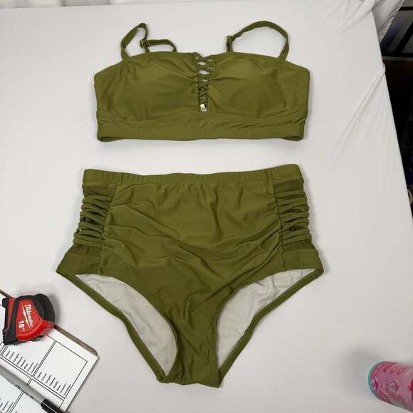 Yomoko Other - Yomoko Olive Green High-Waisted Lace-Up Bikini Set Size L